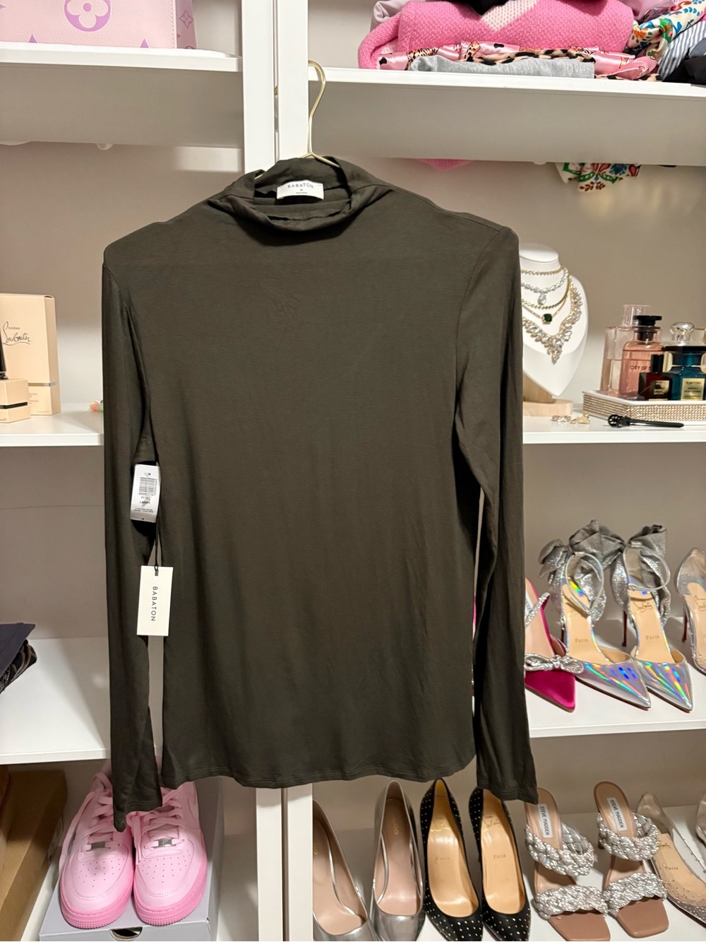 Aritzia Babaton Dark Olive Long Sleeve Mock Neck Tee Womens Size Medium